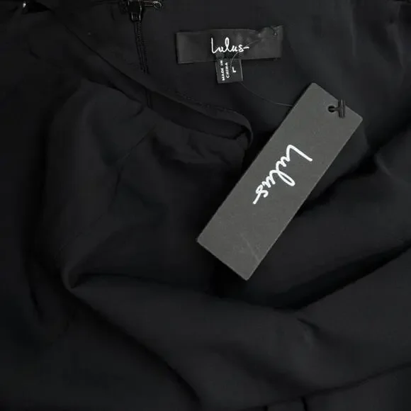 Lulus V Neck Spaghetti Strap Pleated Faux Wrap Reinette Black Midi Dress size L - Picture 5 of 5